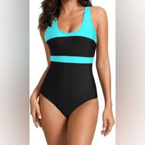 NWT Yilisha Size XL Teal & Black Colorblock Athletic Training One Piece Swimsuit